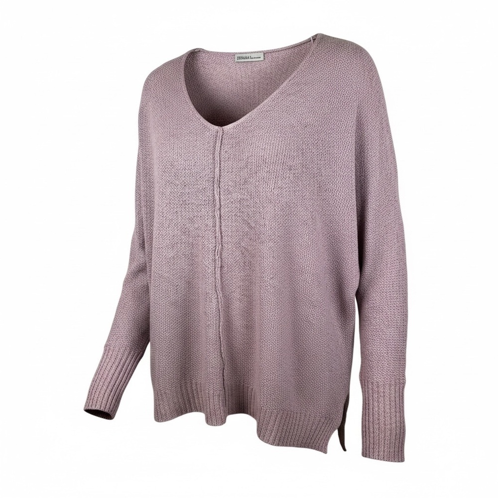 Zenana Women’s Oversized V-Neck Marled Knit Sweater Pink Gray S M L